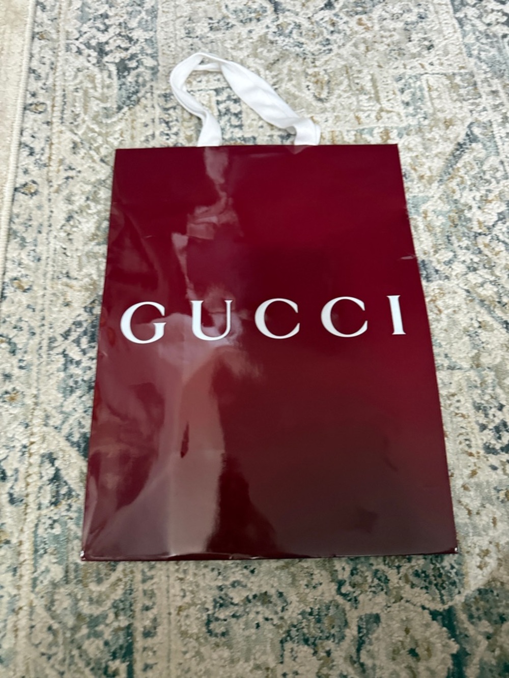 Gucci Deep Red Glossy Gift Bag with White Ribbon Handles